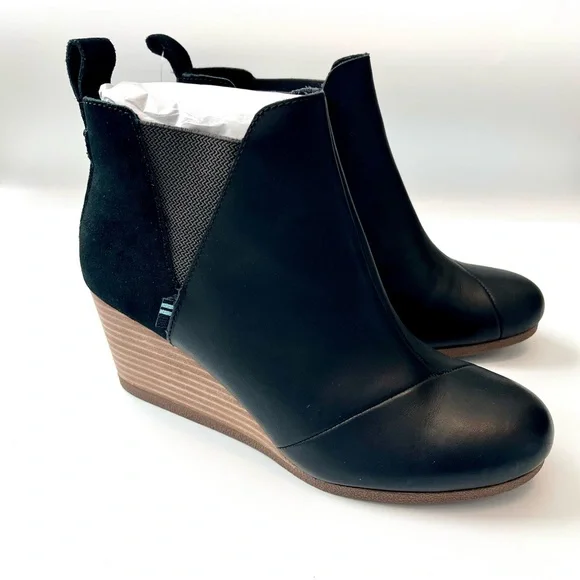 Toms Shoes Toms Kelsey Black Leather Suede Wedge Booties
